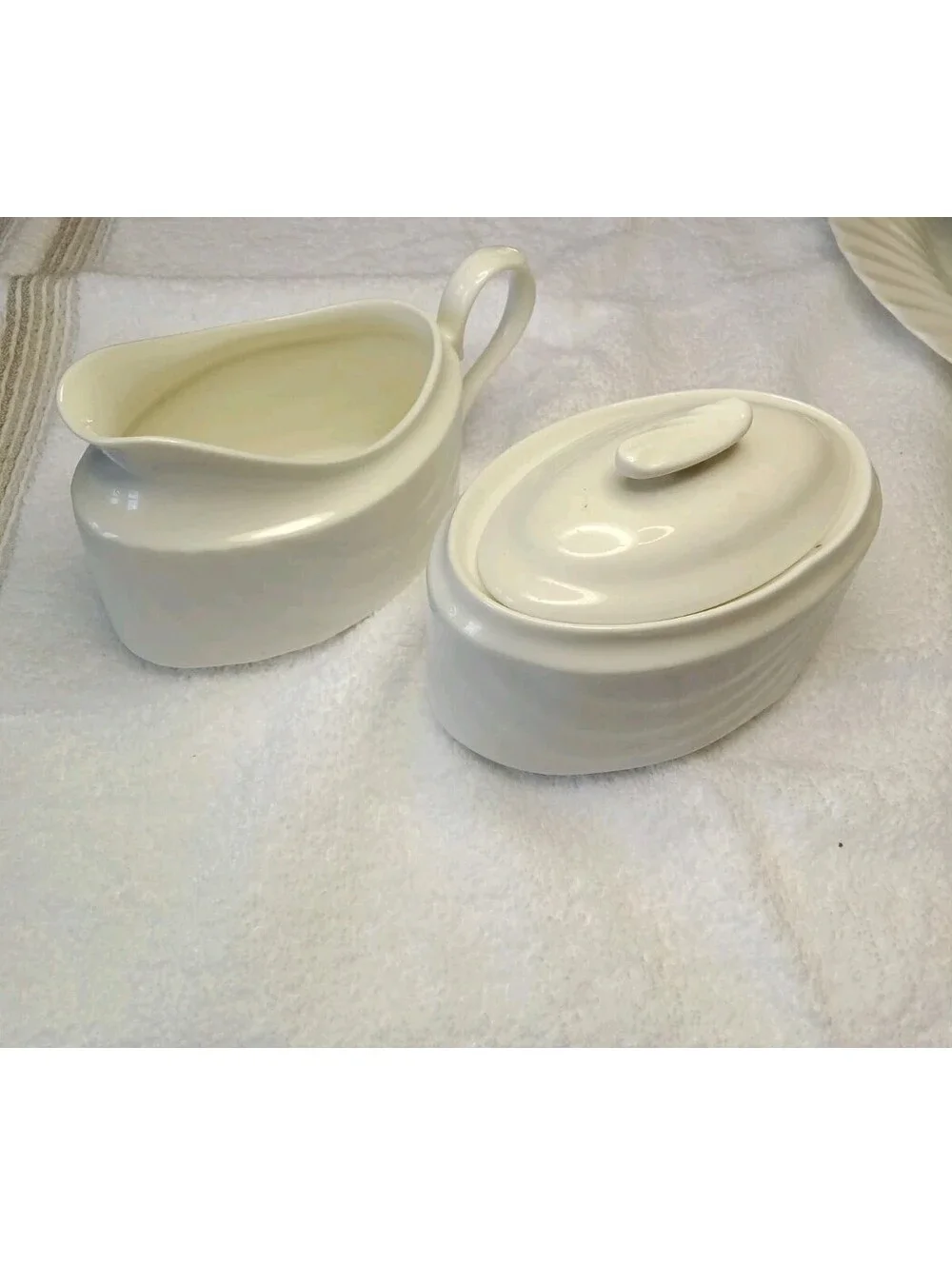 Vintage International China Ultra Bone White Swirl Sugar Bowl with Lid & Creamer